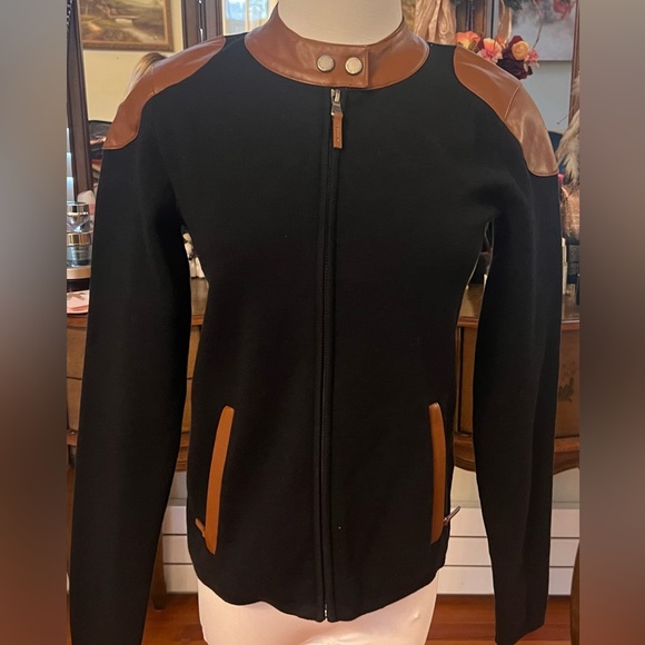 NEW RALPH LAUREN Cotton-blend Zip-up Moto Jacket In Polo Black/ Cuoio - Picture 2 of 14